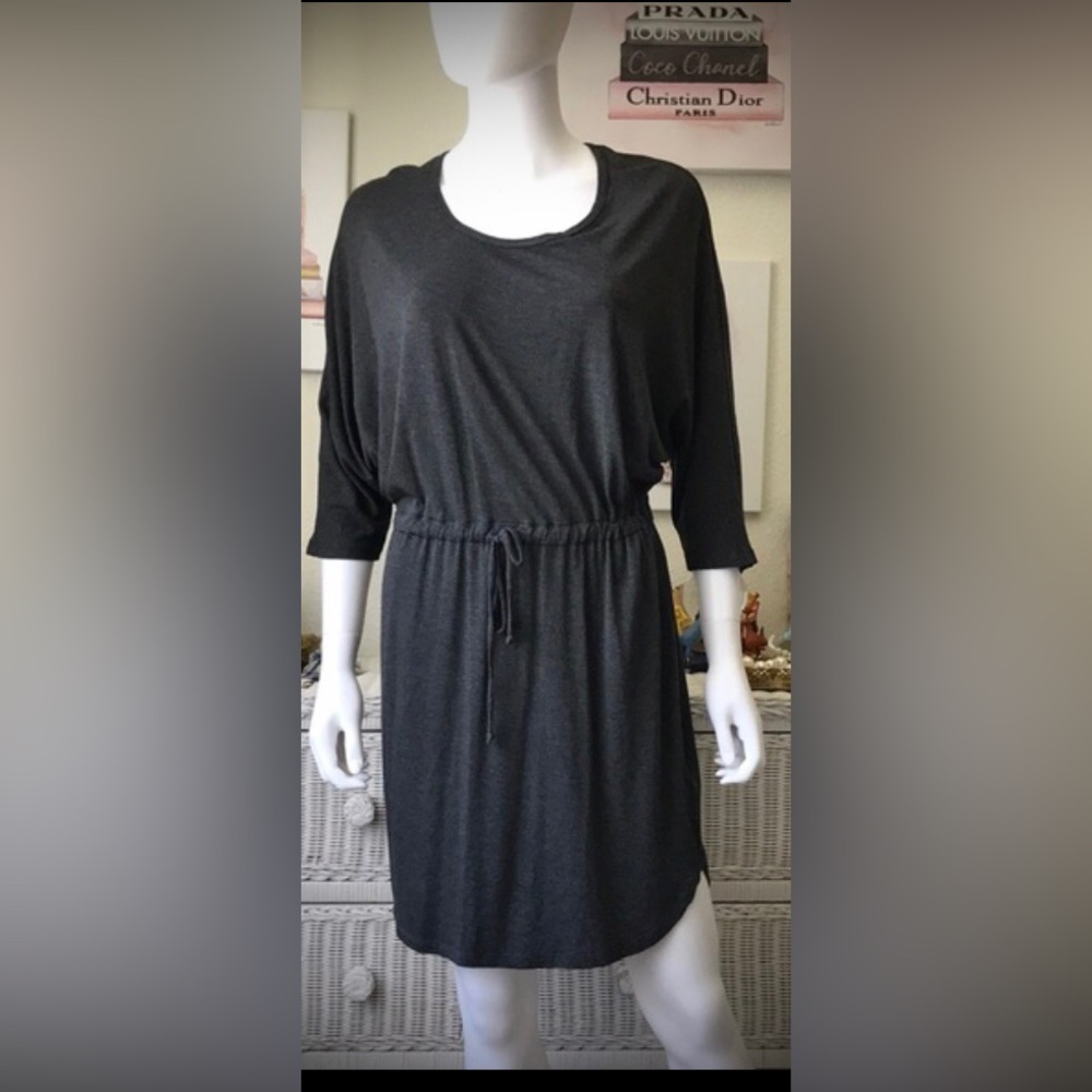 Amour Vert Modest Knit Mini Dress Adjustable Waist Drawstring in Grey size S